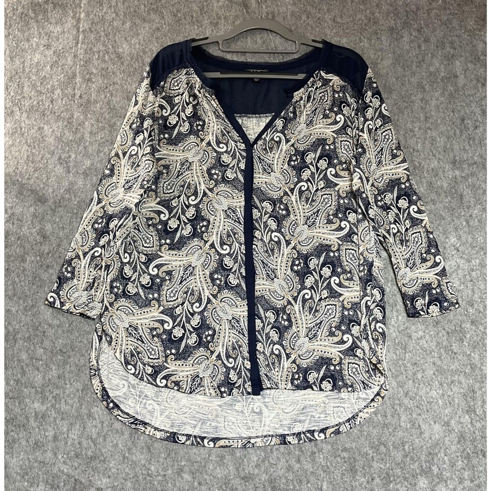 Lucky Brand Shirt Womens Large Blue Paisley Sheer 3/4 Sleeve Tunic Top Boho